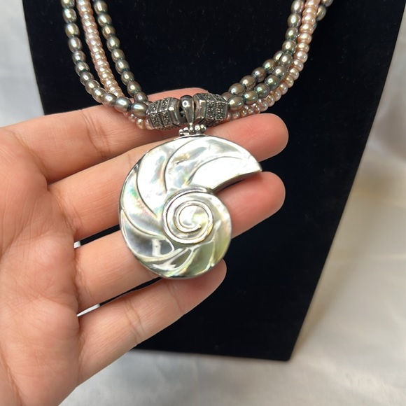 Ammonite Mother Of Pearl & Fresh Water Pearl Necklace 925 - Picture 3 of 7